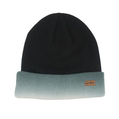 China COMMON Gradient Color High Quality Custom Knit Streetwear Beanie Leather Patch for sale