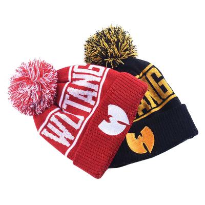 China COMMON Cheap Wholesale Beanie Custom Embroidery Jacquard Pompom Logo Winter Knit Hats for sale