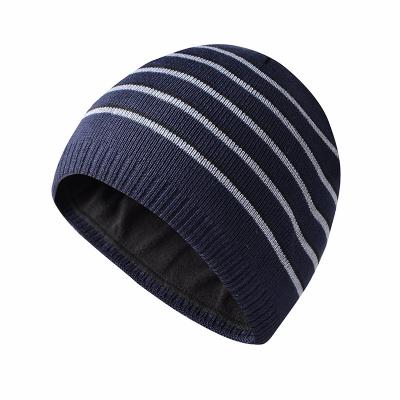 China Beanie Custom Logo Striped Jacquard Knit Fleece COMMON Beanie Hats for sale