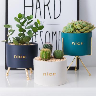 China Home Contemporary Creative Succulent Balcony Garden Pot Round Ceramic OEM Cactus Plant Mini Flower Pots With Metal Stand for sale