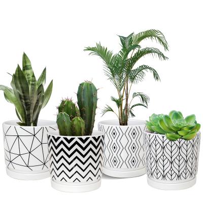 China OEM Contemporary Set Ceramic Chinese Style White And Black Ceramic Pot Stripe Flower Pot 4 for sale