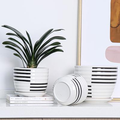 China Indoor Cheap White Ceramic Black And White Stripes OEM Decoration Plant Pot Flower Pot And Cheap Ceramic Plant Pot for sale