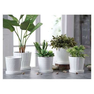 China Custom Retro Small Cactus Contemporary Ceramic Planter Pot Flower Stand White Succulent Plant Pots With Bamboo Tray for sale