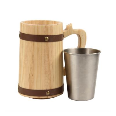 China Stocked Natural Drinkware Bar Accessory Handmade Wooden Beer Mug with Handle for Coffee Tea Wine Drinking Beer for sale