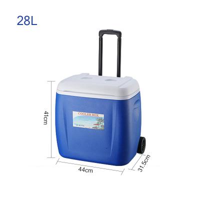 China 28L Insulated Plastic Cooler Box Fishing Cold Chain Large Medical Plastic Cooler Box With Link Rod And Wheels Drinks Refrigeration Box for sale