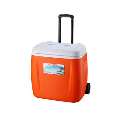 China 38L Plastic Insulated Cooler Box Cola Beer Drinks Refrigeration Box Large Ice Chest Camping Cooler Box With Link Rod And Wheels for sale