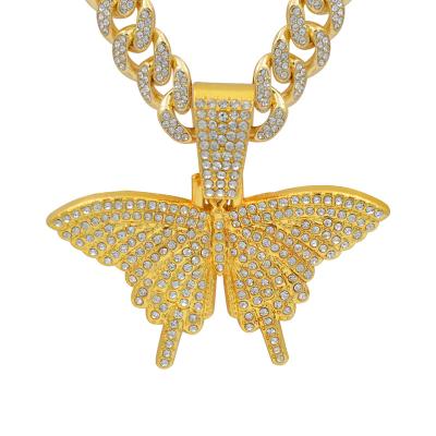 China High Quality Hiphop Jewelry New Trend 18k Gold Plated Ice Out Cuba Link Butterfly Pendant Necklace for sale