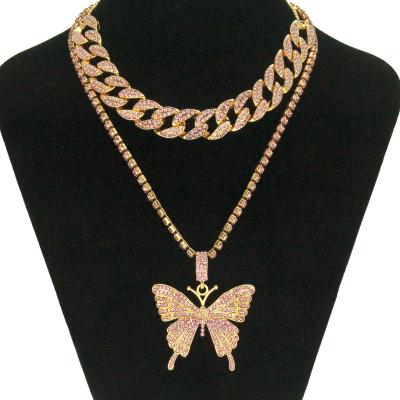 China European and American punk hip hop ladies micro-encrusted large chain Cuban necklace butterfly clavicle Rhine-encrusted chain for sale