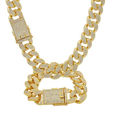 China Hot Selling Men's Punk Style Hip Hop Diamond Necklace 24 Inch Big Gold Chain Cuban Chain Sets 18K Gold for sale