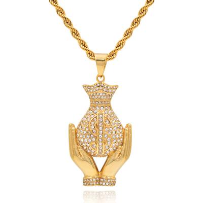 China 18k Gold Plated Stainless Steel Fashion Dollar Sign Religious Money Bag Pendant Necklace for sale