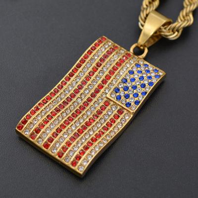 China Religious Jewelry Hip Hop Full Zircon Crystal American Flag Stainless Steel Pendant For Unisex Necklace for sale