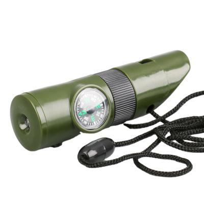 China Hot Sale 7 In1 Compass Outdoor Survival Thermometer LED Light Plastic Multifunctional Whistle Equipment Outdoor Camping Whistle for sale