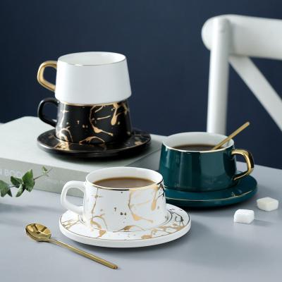 China Viable Wholesale Elegant Marble Tea Cups And Saucers Handle Gold Ceramic Coffee Cup / Cappuccino Mug for sale