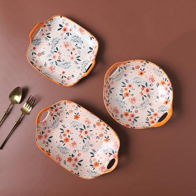 China Sustainable High Quality Oven Safe Rectangle Serving Dish Floral Printed Ceramic Dishes Set For Hotel for sale