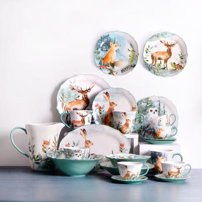 China Sustainable Forest Style Restaurant Used Tableware Porcelain Soup Bowl Soup Dish Deer Dish Set Luxury Ceramic Dinner Set for sale