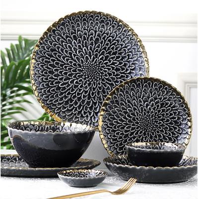 China Viable Low Price Tableware Gold Rim Charger Dish Set Nordic Luxury Ceramic Dinner Set For Restaurant for sale