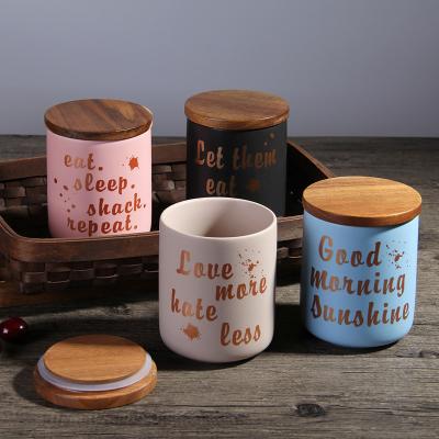 China Customized Viable Cylindrical Sealed Ceramic Ceramic Canister Coffee Ceramic Canister Sugar Tea Pot Logo Kitchenware Storage With Bamboo Lids for sale