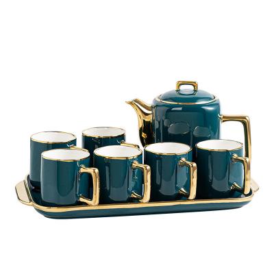 China Viable High Quality Nordic Luxury Afternoon Tea Cup Peacock Green Porcelain Ceramic Drinkware Tea Set With Teapot for sale