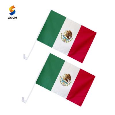 China Strong Color Stability Custom 3x5 Flags Sports Advertising Mexican Flag Croc Charm Small Mexican Car Flags With Stick for sale