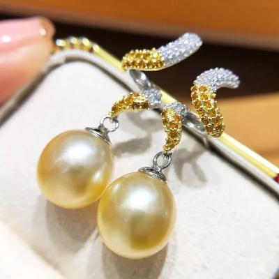 China Fashionable Natural Ocean Pearl Earrings 9-10mm Gold Natural-ocean Pearls Shipping Stud Earrings Gorgeous Zircon Drop Earrings for sale