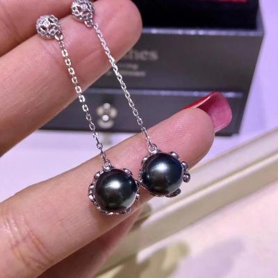 China FASHIONABLE Luxury Black 8mm Round Pearl Earrings Natural Navigation Ocean Tahiti Pearl Earrings Pure Silver Seawater Pearl Earrings 925 for sale