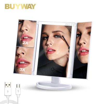 China Trifold 10x Adjustable Panel Lighted Folding Makeup 3 Magnifying Mirror With Lights for sale