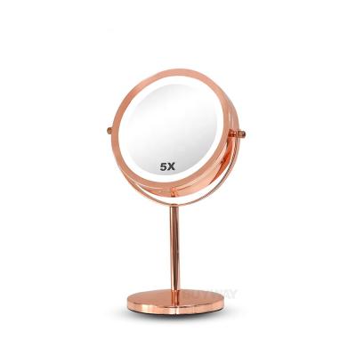 China Lighted Vanity Led Table Desktop Cosmetic Make Up Mirrors Makeup Mirror With Lighting Rose Gold Iron Frame Glass Mirror Makeup Tool for sale