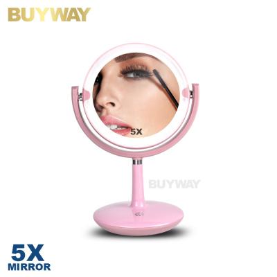 China Customized High Quality Lighted Logo Pink Led Desk Cosmetic Makeup Desk Mirror for sale