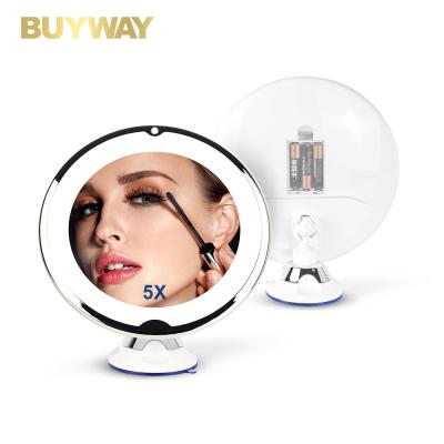 China Buyway Round Plastic Lighted Mirror Factory Suction Cup Hotel 5X LED Vanity Ring Light Makeup Mirror for sale