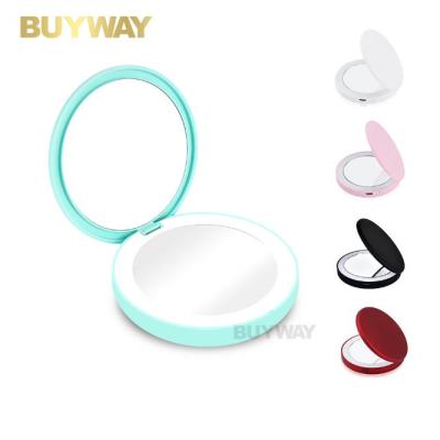 China 1X Lighted 3X Magnifying Small Round LED Folding Hand Compact 2 In 1 Pocket Cosmetic Mirrors For Makeup for sale