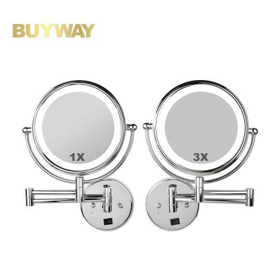 China Modern Iron Frame Bathroom Mirror 1X 3X Wall Mounted Double Sided Foldable Makeup Led Mirror for sale