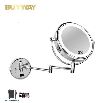 China Factory Price Lighted 180 360 Degree Rotation Silver Chrome 3X Led Bathroom Wall Mirror for sale