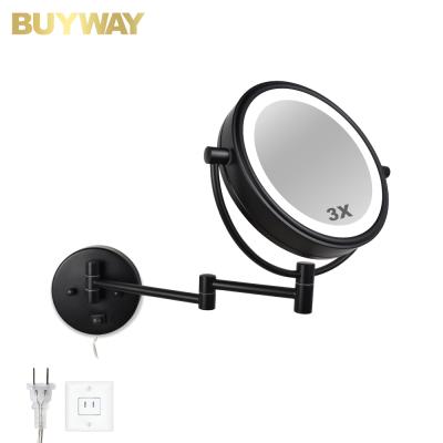 China Hotel Toilet Bathroom Two Sides Led Rocker Arm Extend Matte Black Round LED Wall Mirror for sale