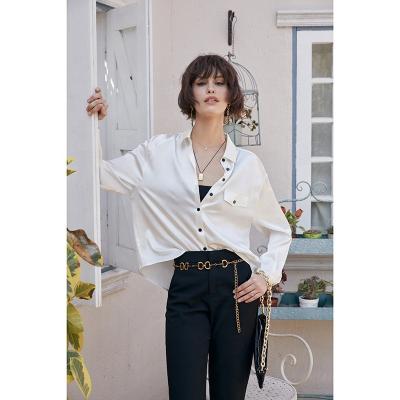 China Women's Contrast Silk Shirt Long Sleeve White Silk Shirt Breathable Black And White Silk Blouse Shirt for sale