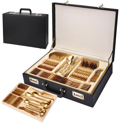 China Stocked 1010 common items set box tableware leather gift box set stainless steel tableware 84 sets for sale