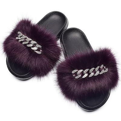 China Breathable Faux Fox Fur Fur Slippers With Diamond Chain Women's Fur One Word Slippers Euramerican Slippers for sale