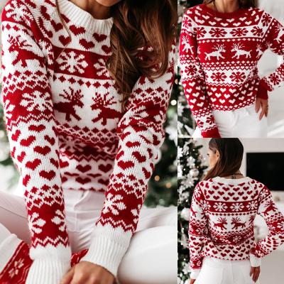 China 2021 Cute Anti-wrinkle Wholesale Christmas New Arrivals Elk Snow O Neck Contrast Color Knitted Soft Warm Sweater for sale