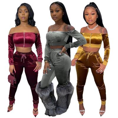 China Boutique Winter Clothing QUICK DRY Velvet Two Piece Off Shoulder Long Sleeve Zipper High Waist Pants Set For Women for sale