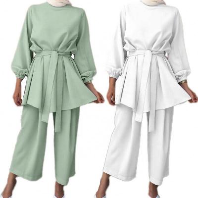 China Wholesale Good Quality Two Piece Muslim Dress And Pants Solid Color Dubai Ladies Dress Abaya Two Piece Set for sale