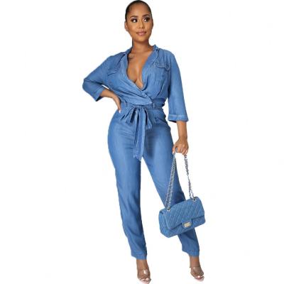 China 2021 New Arrival HSF2922 Summer Solid Color Denim Breathable Pockets V Neck Blue Women One Piece Overalls for sale