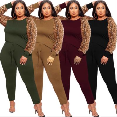 China 21279 Spot Leopard Print Contrast Color Breathable Fashion Casual Two Piece Pants Set Plus Size Women Clothing for sale