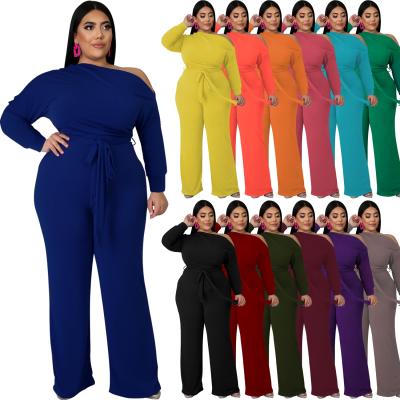 China TP232 Breathable Solid Color Slapping Bell Shoulder T Bottoms Two Piece Pants Set Plus Size Women Clothing for sale