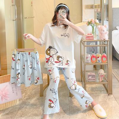 China Summer Thermal Women's Sleepwear Korean Cartoon Snoopy Printed Casual Home Wear Shorts Sleeve Shorts 3Pcs Sets Pajamas For Lady for sale