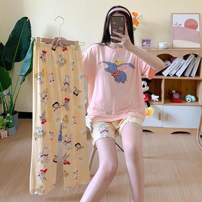 China Summer Style Cartoons Soft Pajamas Wholesale Warm Korean Silk Thermal Milk Silk Sleepwear 3 Pieces Set Women Printed Nightgowns For Women for sale