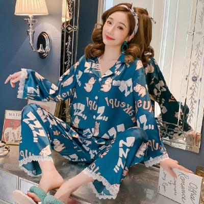 China New Breathable Ice Silk Satin Lace Cardigan Lapel Long Sleeve 2Pcs Women Pajamas Loose Casual Ladies Home Suit For Autumn Winter Sleepwear for sale