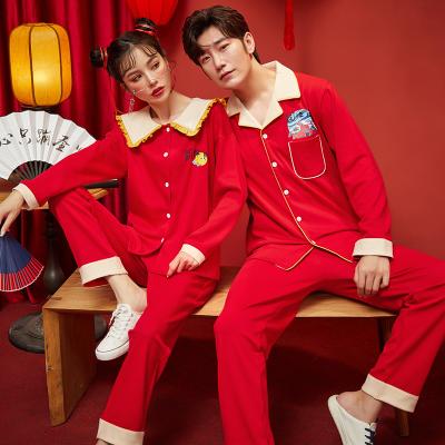 China Hot Sale Pajamas Mens Womens Casual Breathable Couples Cotton Chinese Red Sleepwear Style Long Sleeve Pants 2 Pieces Nightgowns Set for sale