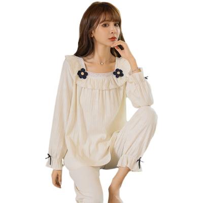 China Amazon sale pajamas thermal warm ladies autumn and winter two-piece cute combed cotton long-sleeved home service for sale