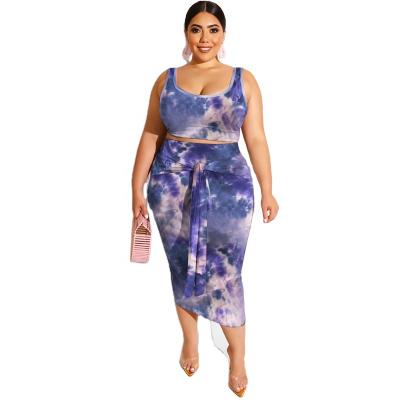 China QUICK DRY Women Summer Hot Sale Plus Size Tie Dye Print Suit Lady Sleeveless 2Pcs Package Hip Slim Fit Skirt Fashion Loungewear For Women for sale