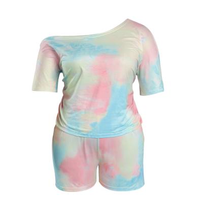 China QUICK DRY Plus Size Women Tie Dye Suit Two Piece Short Sleeve Shorts Floral Print Loose Leisure Set Home Wear For Lady for sale