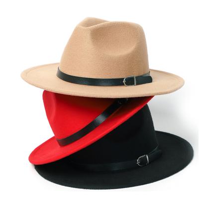 China Striped Winter Autumn Women Imitation Woolen Flat Felt Ladies Wide Brim Jazz Hat With Adjustable Belt Fedoras for sale